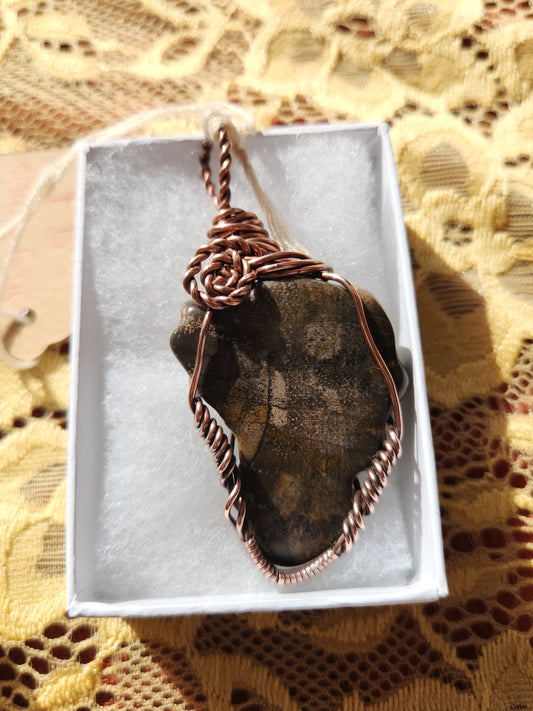 Copper wrapped Petrified Wood pendant
