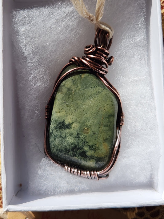 Copper wrapped Prehnite Pendant